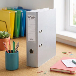Biblioraft plastifiat Basic, 7.5 cm, colturi metalice, Gri